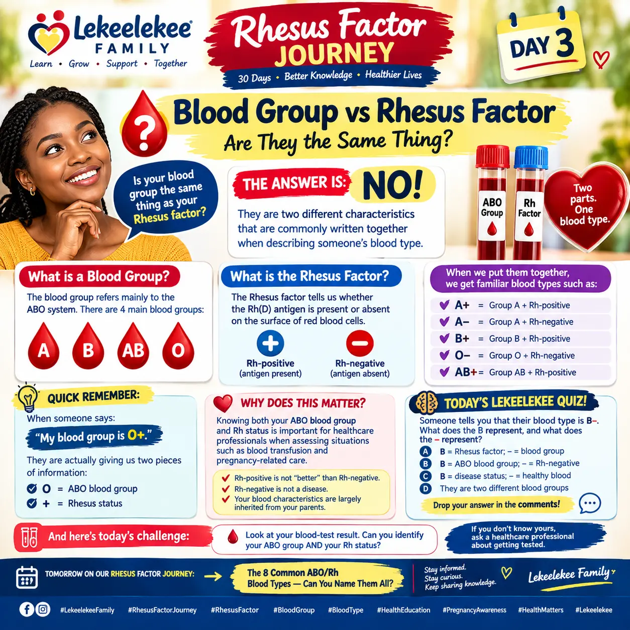 🩸 DAY 3 OF OUR RHESUS FACTOR JOURNEY
🧬 BLOOD GROUP VS RHESUS FACTOR — ARE THEY THE SAME THING?
W...