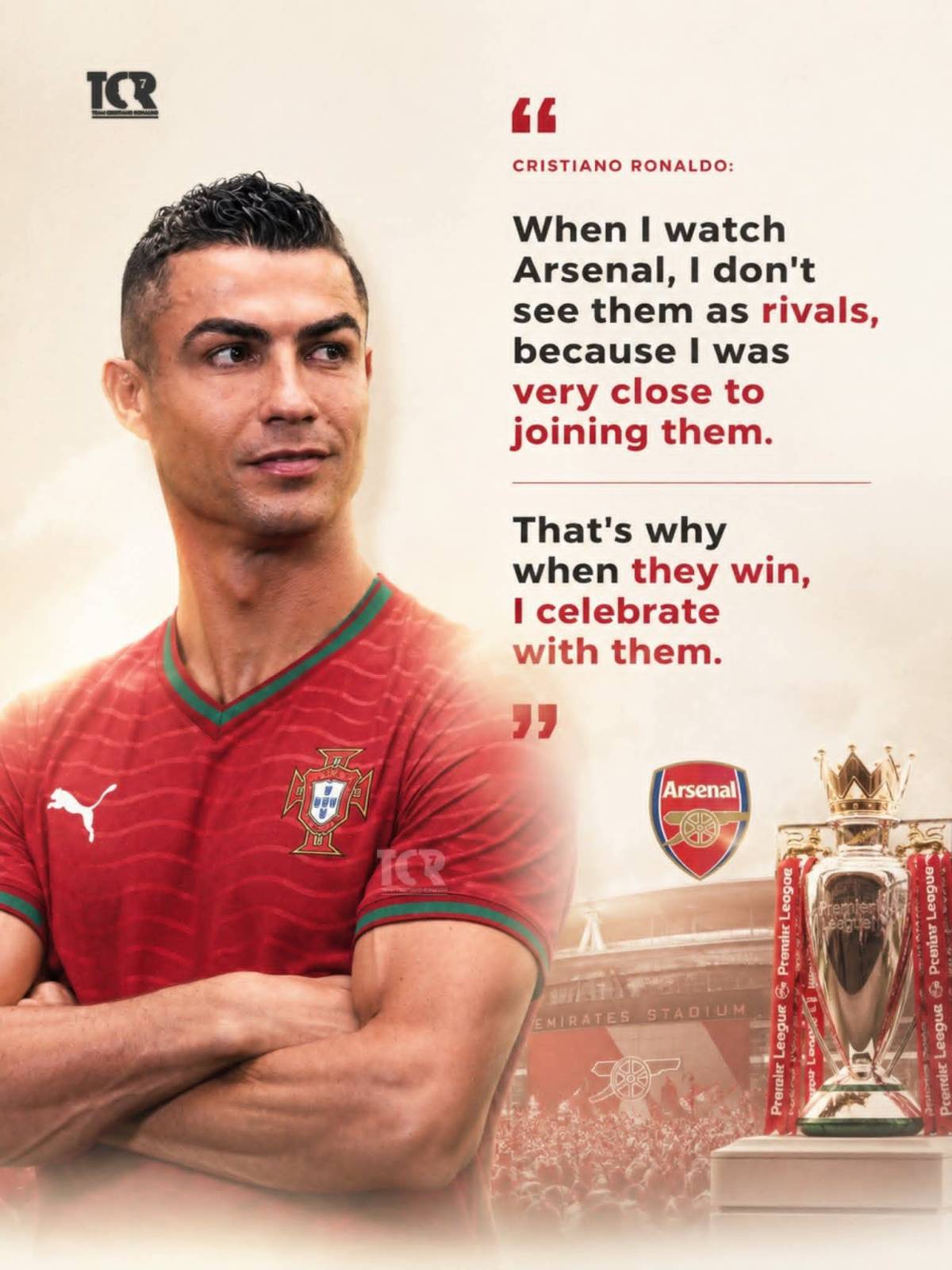 🚨🎙️Cristiano Ronaldo :
"When I watch Arsenal, I don't see them as rivals, because I was very close...