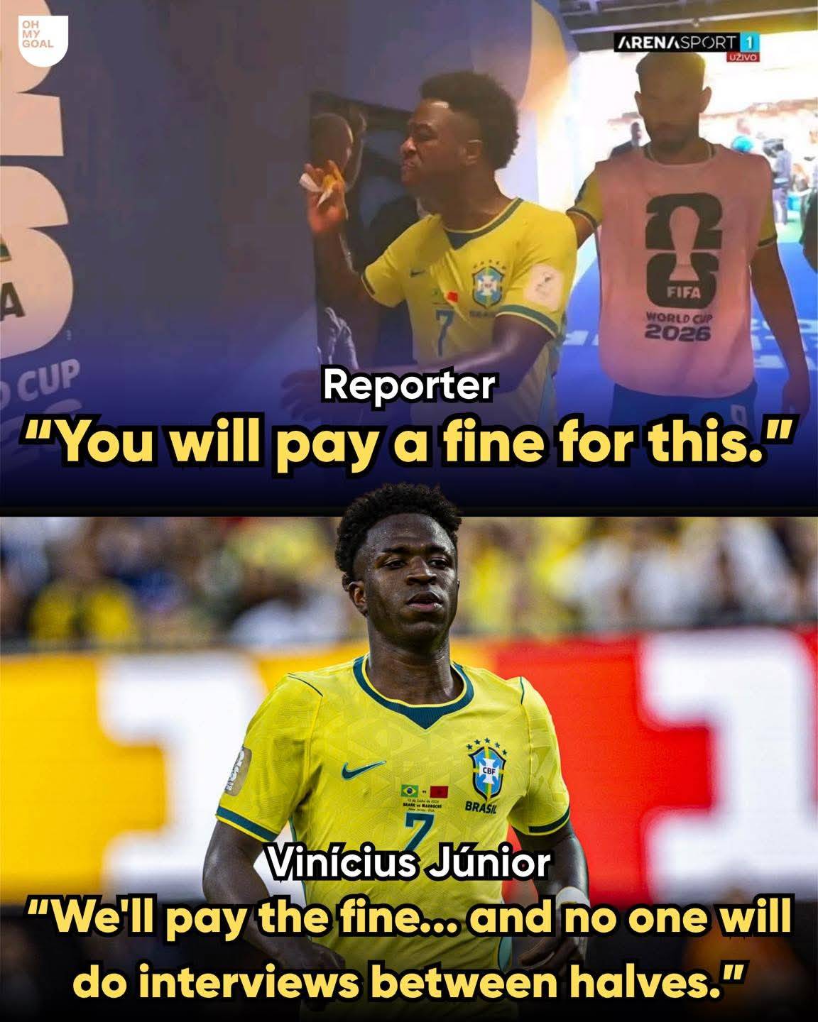 🚨TUNNEL DRAMA: Vinícius Júnior refused to do the mandatory FIFA flash interview at half-time!
🎙️Re...