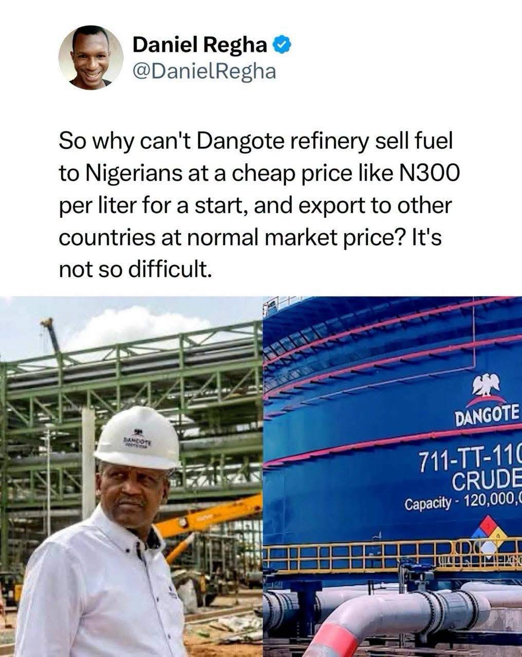 “So why can't Dangote Refinery sell fuel to Nigerians at a cheaper price, like ₦300 per litre for a...