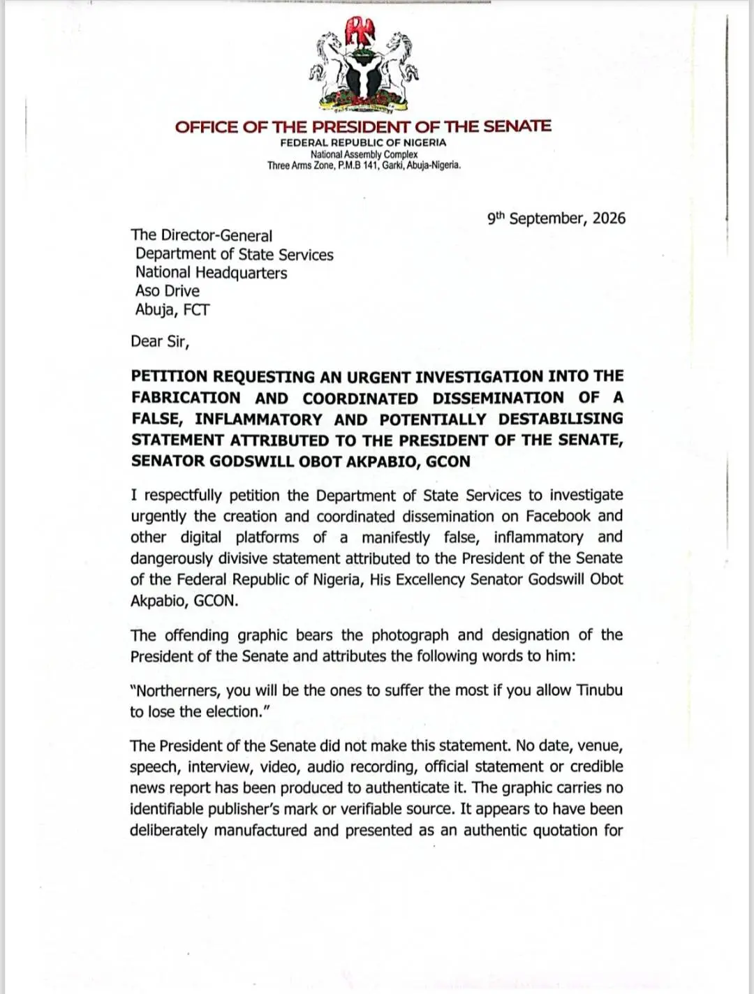 Alleged Anti North Comments, Akpabio Petitions DSS https://peesreporters.com/2026/09/09/alleged-anti...