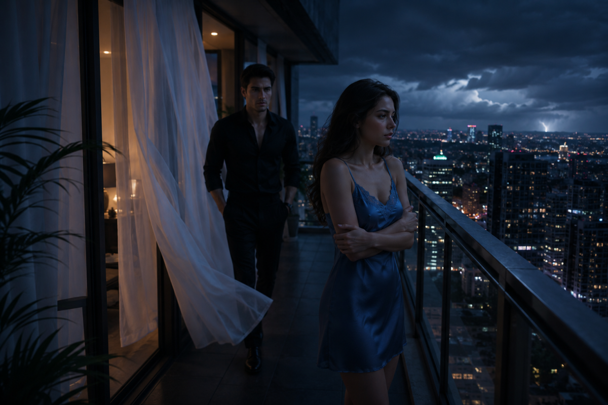 The wind moves softly through the balcony curtains. Thunder rumbles somewhere far away.
Alessia stan...