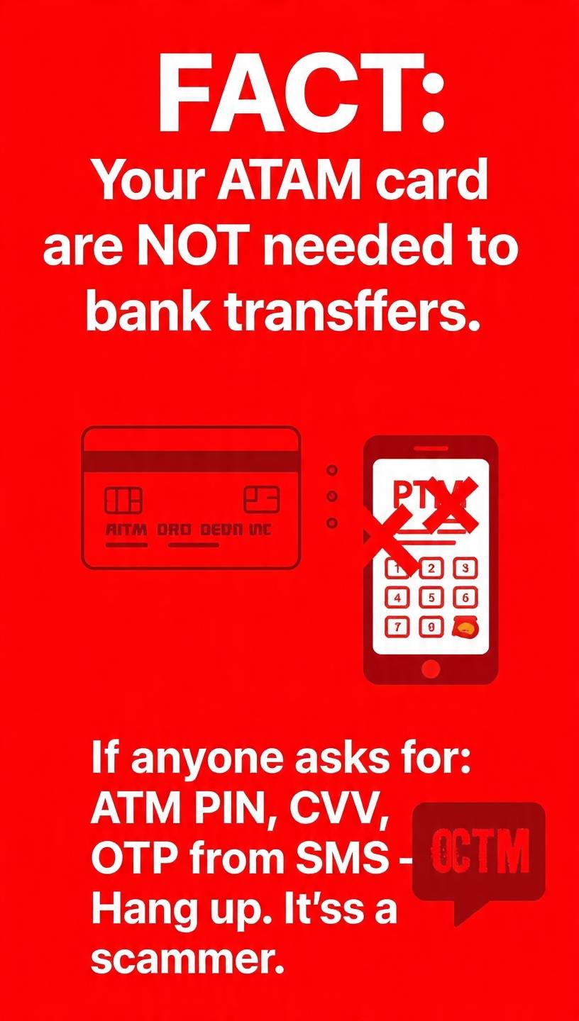 FACT: Your ATM card details are NOT needed for bank transfers.
If anyone asks for:
- ATM PIN
- CVV...