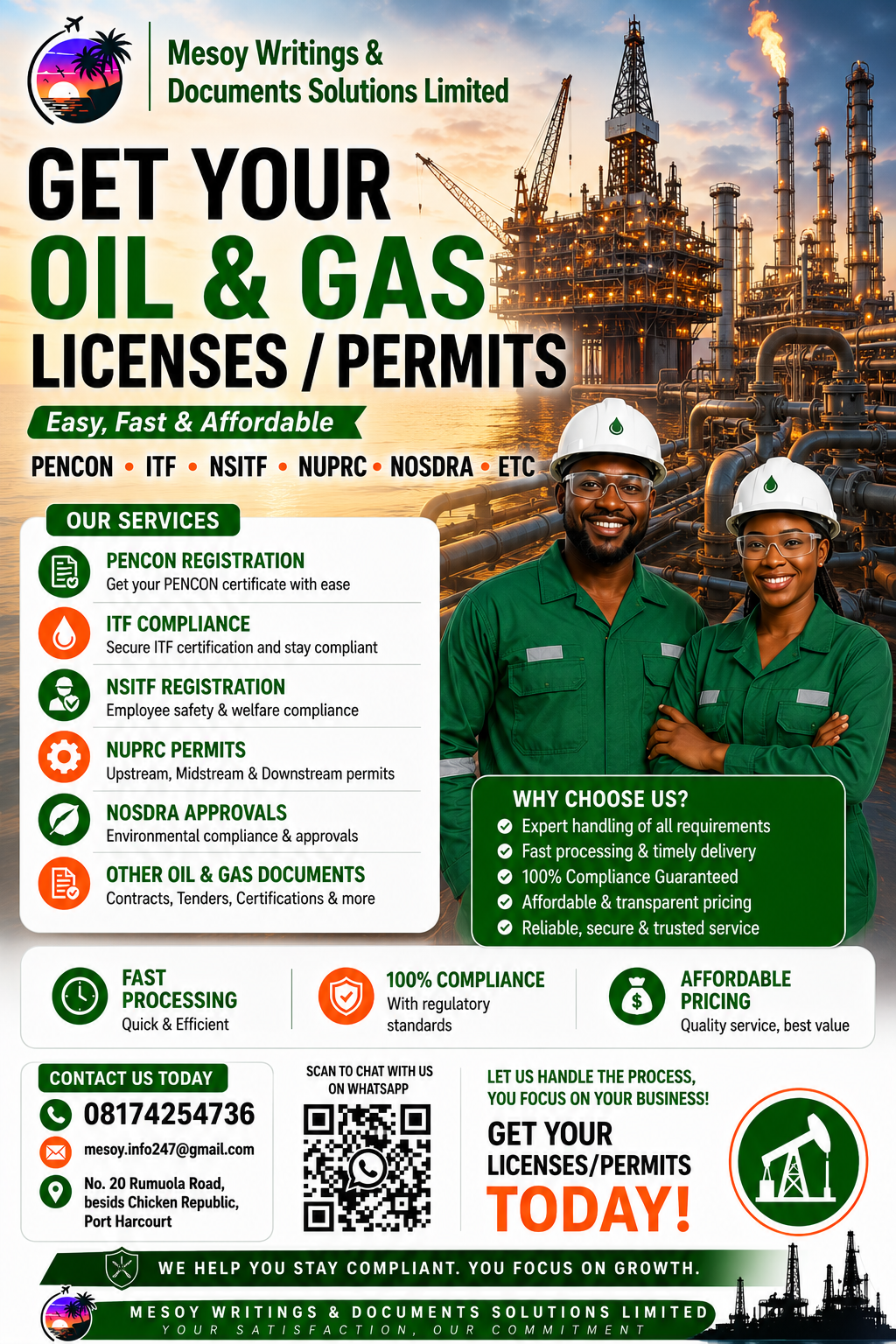 For your stress free Permits and Licenses do well to dm us
ITF
NURPC
NSITF
PENCON
ISO
NOSDRA, et...