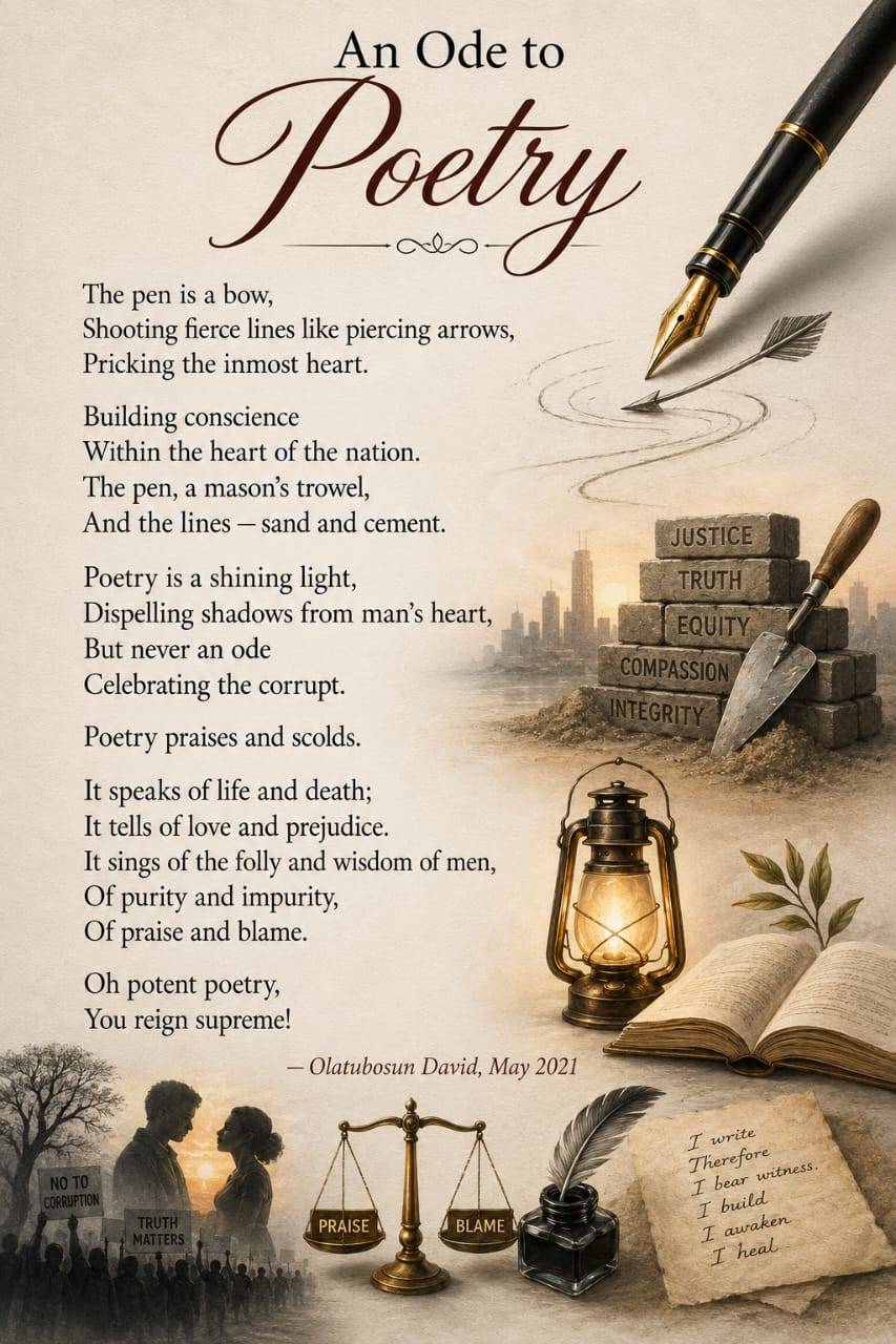 𝗔𝗻 𝗢𝗱𝗲 𝘁𝗼 𝗣𝗼𝗲𝘁𝗿𝘆
The pen is a bow,
Shooting fierce lines like piercing arrows,
Pricking the inmost...