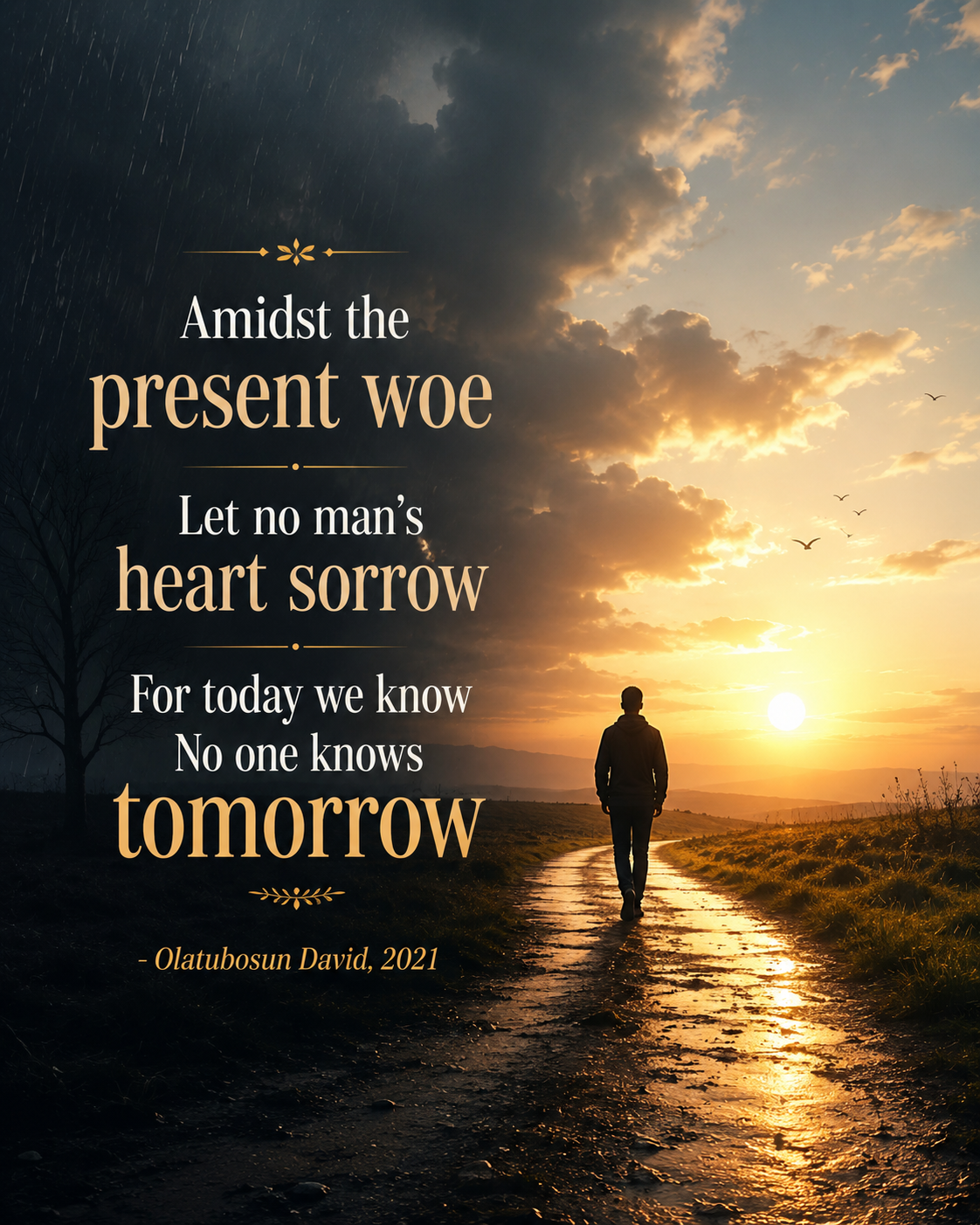 Amidst the present woe
Let no man's heart sorrow
For today we know
No one knows tomorrow
- Olatubos...