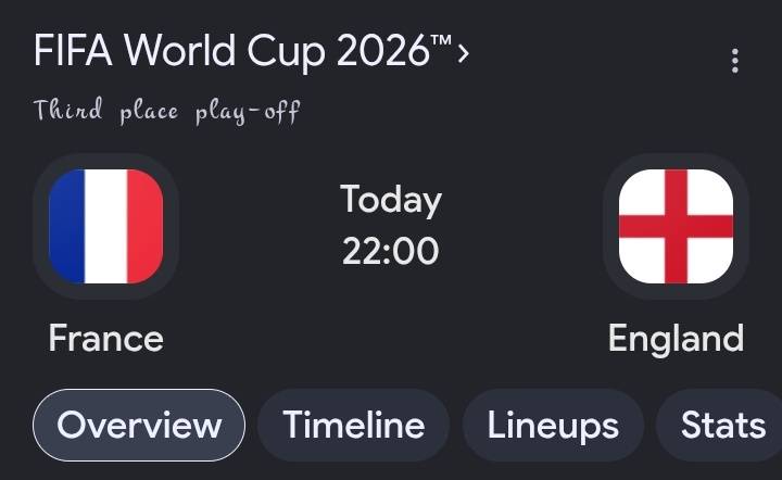 2026 FIFA World Cup third-place play-off between France and England, which kicks off at 22:00 (10:00...
