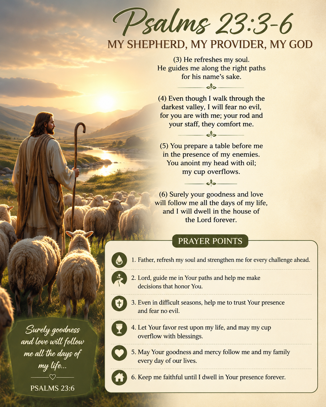 Reflection on Psalms 23:3–6 (NIV)
These verses remind us of God's constant care, protection, and pro...