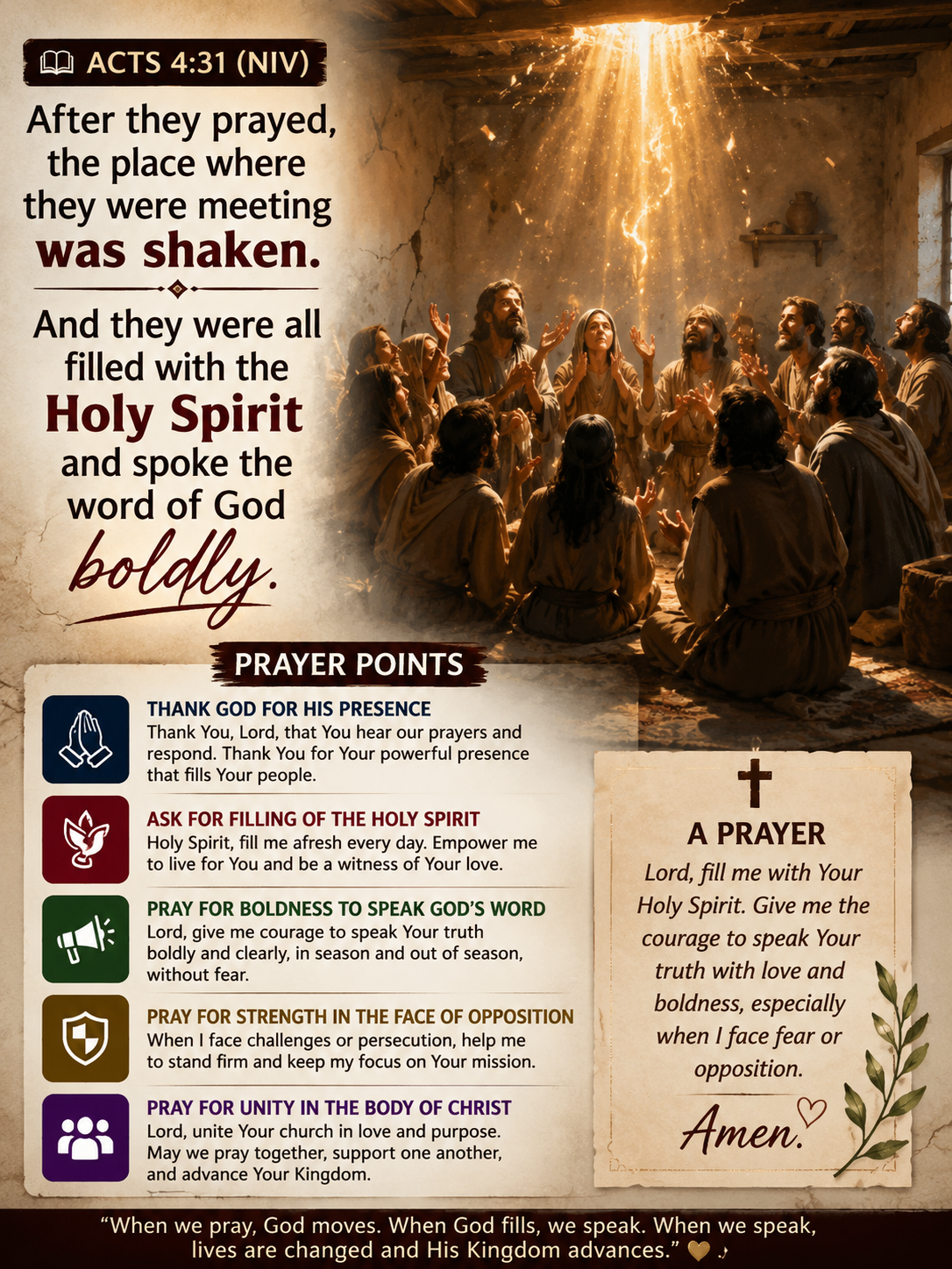 Acts 4:31 (NIV)
> “After they prayed, the place where they were meeting was shaken. And they were a...