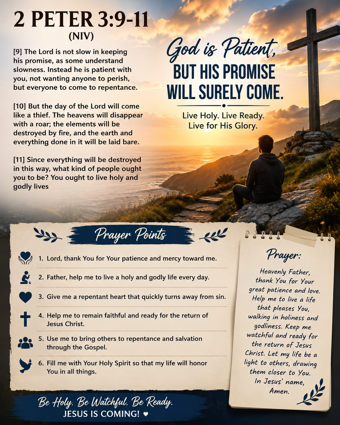 Reflection on 2 Peter 3:9–11
This passage reminds us of two important truths about God:
1. God is...