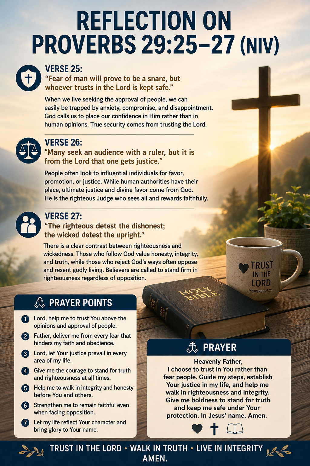 Reflection on Proverbs 29:25–27 (NIV)
Verse 25:
"Fear of man will prove to be a snare, but whoever...