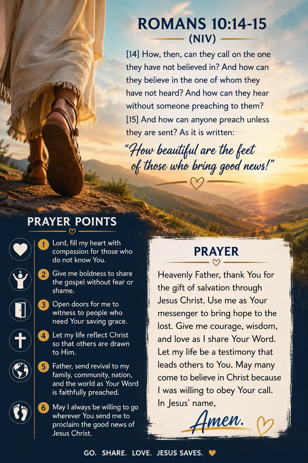 Reflection on Romans 10:14–15 (NIV)
Paul highlights the urgency and necessity of sharing the gospel...
