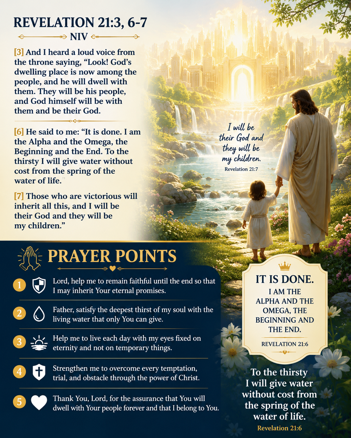 ‭Revelation 21:3, 6-7 NIV‬
[3] And I heard a loud voice from the throne saying, “Look! God’s dwellin...