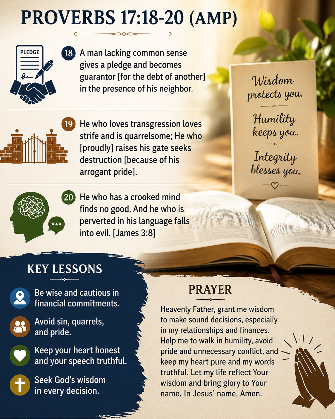 Reflection on Proverbs 17:18–20 (AMP)

This passage contains practical wisdom about relationships, i...