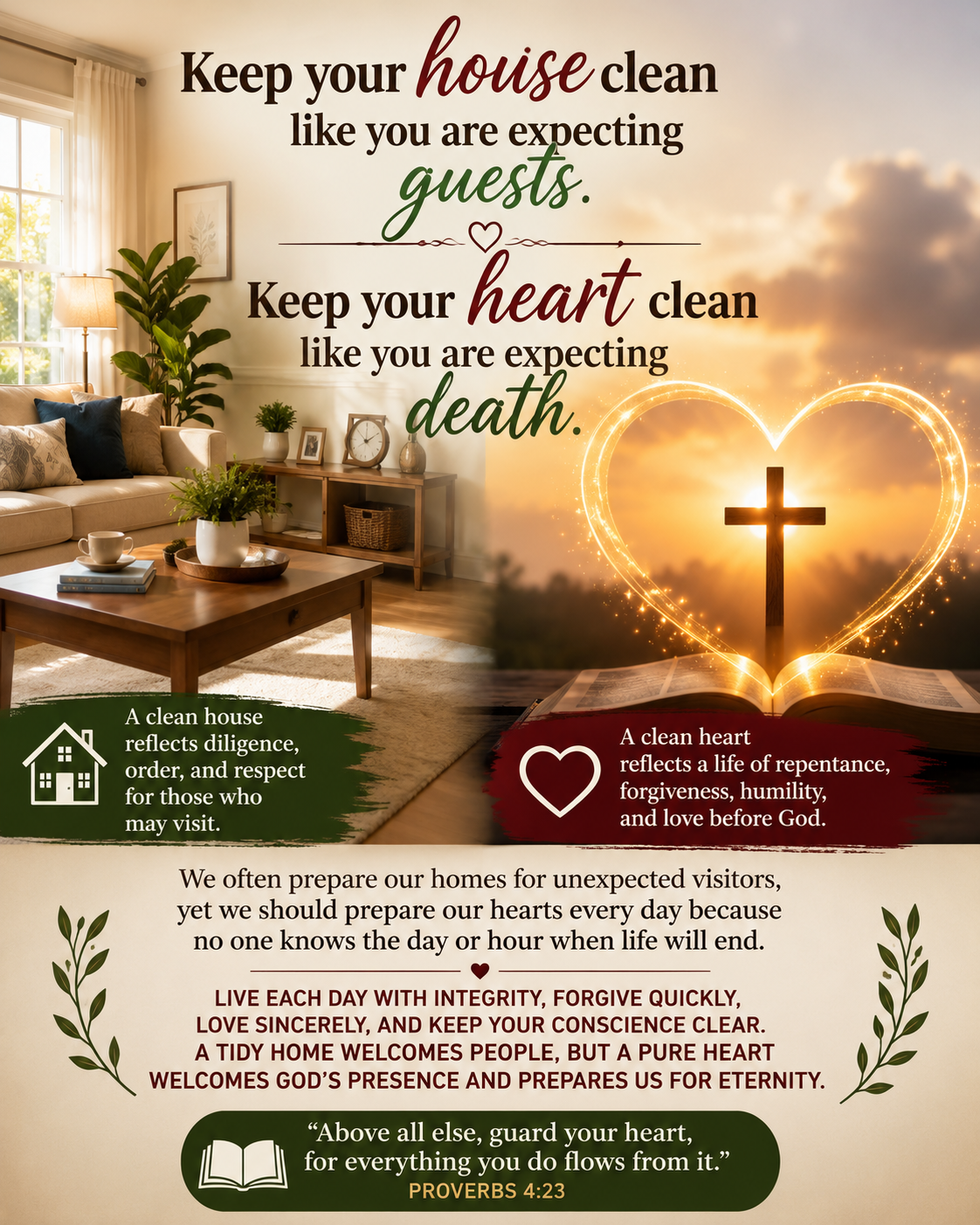 Keep your house clean like you are expecting guests. Keep your heart clean like you are expecting de...