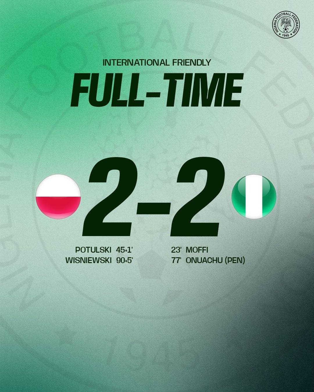 β±οΈ Full-time: π΅π± Poland 2 - 2 Nigeria π³π¬
β½ Goals from Terem Moffi and Paul Onuachu had the #SuperE...