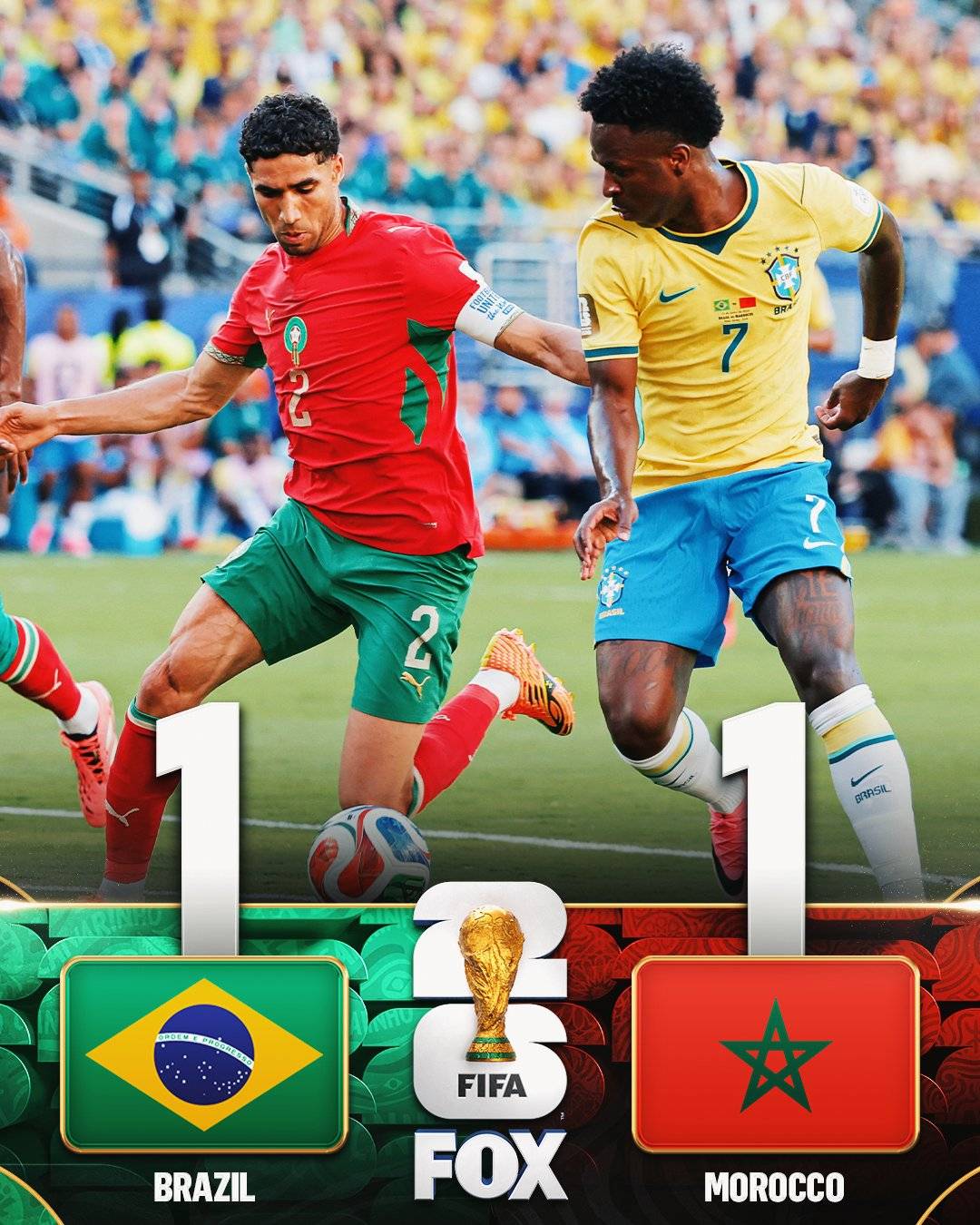 Brazil🇧🇷 and Morocco🇲🇦 leave with a point each after a thrilling Group C showdown ⚽🔥
Vinicius Jr...
