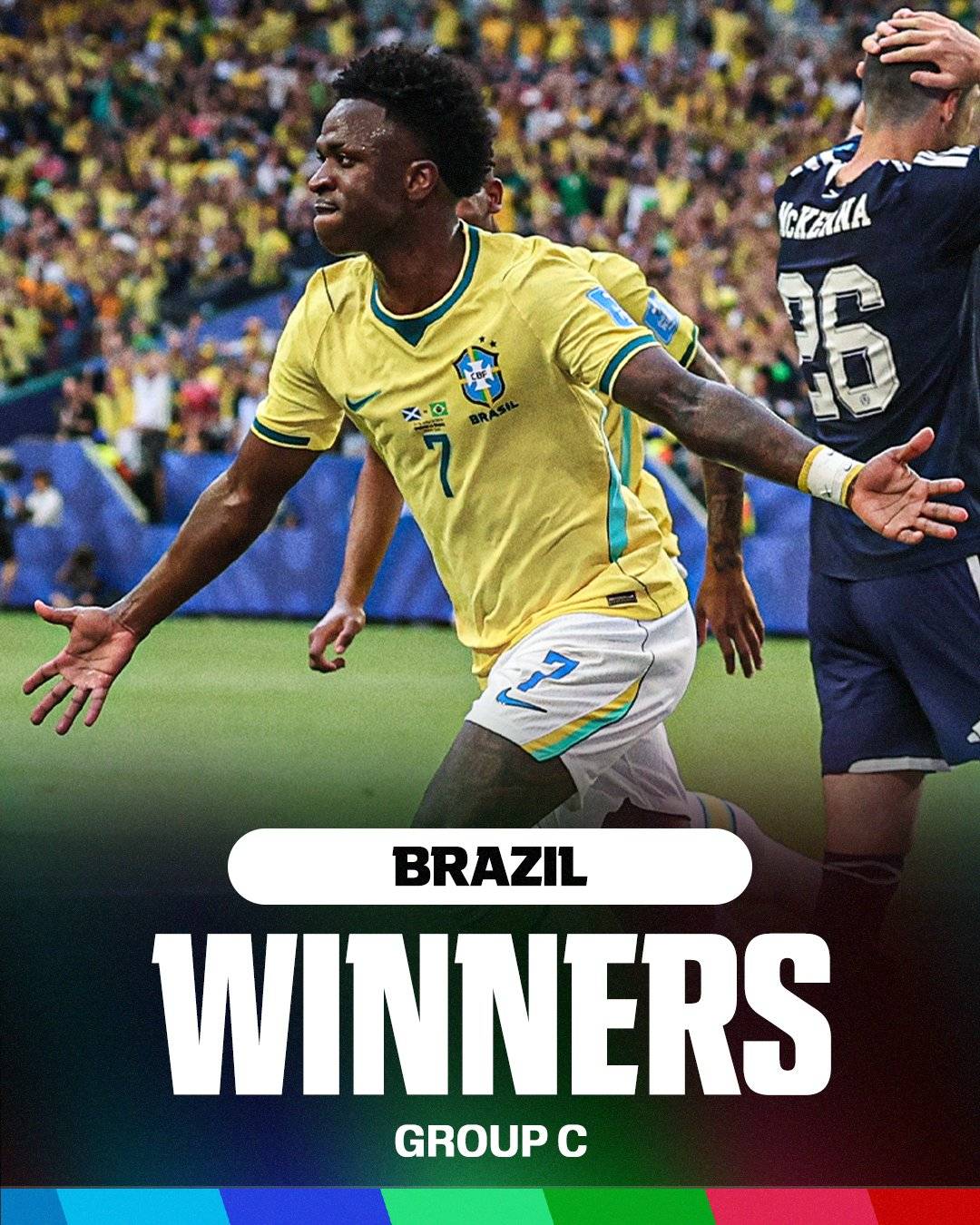 Vinícius Jr. is the first Brazilian player to score in all three group stage matches since Ronaldo a...