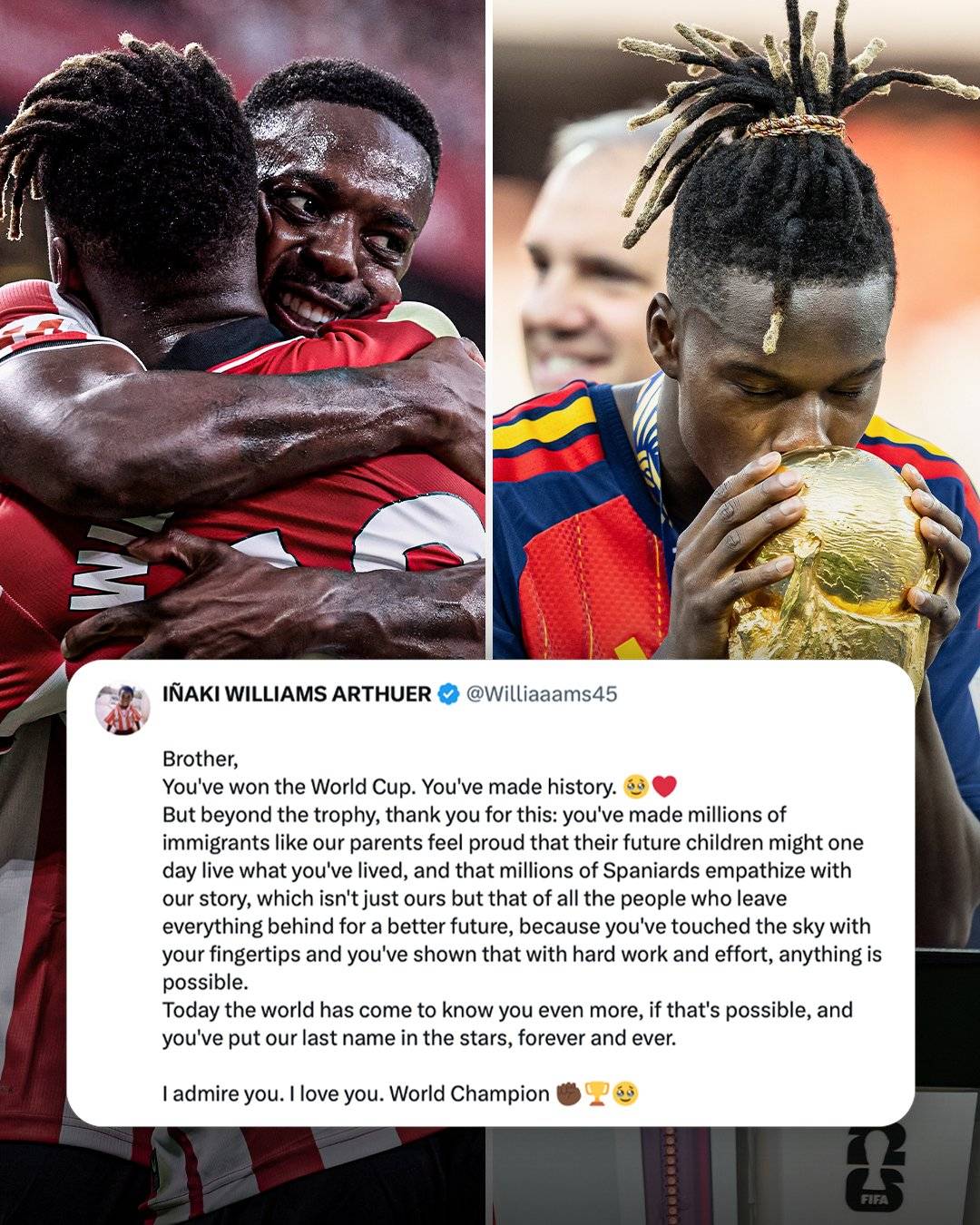 Athletic Club forward Iñaki Williams sent an emotional message to his brother Nico following Spain's...