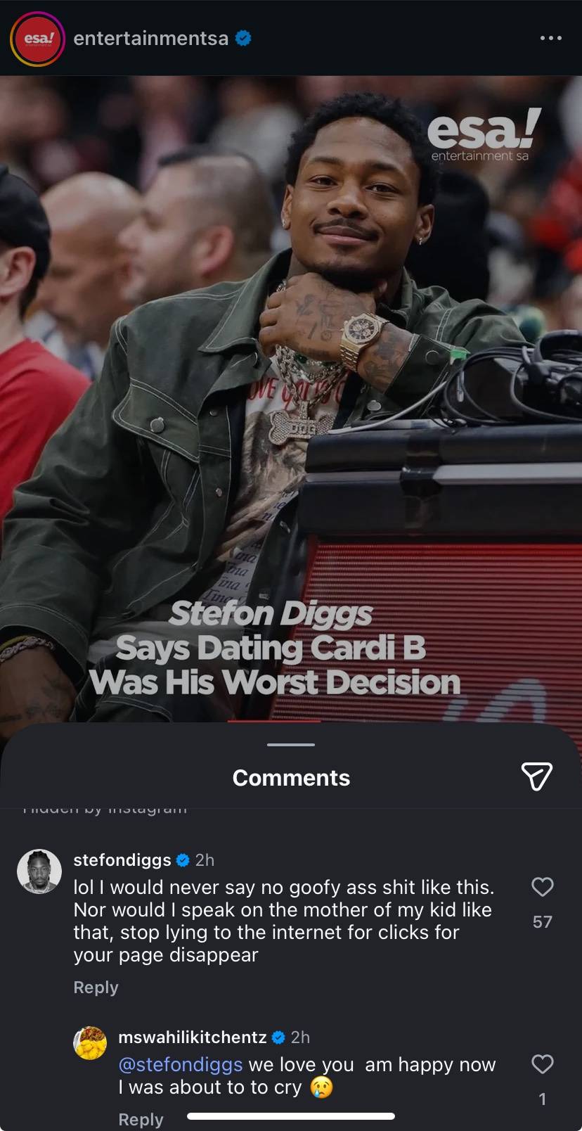 #NFL player Stefon Diggs defended superstar Cardi B from a fake news page that claimed he had said "...