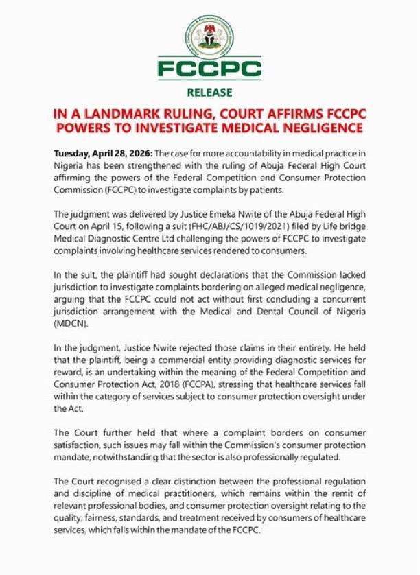The Federal High Court, Abuja, has rejected a suit seeking to restrain the Federal Competition and C...
