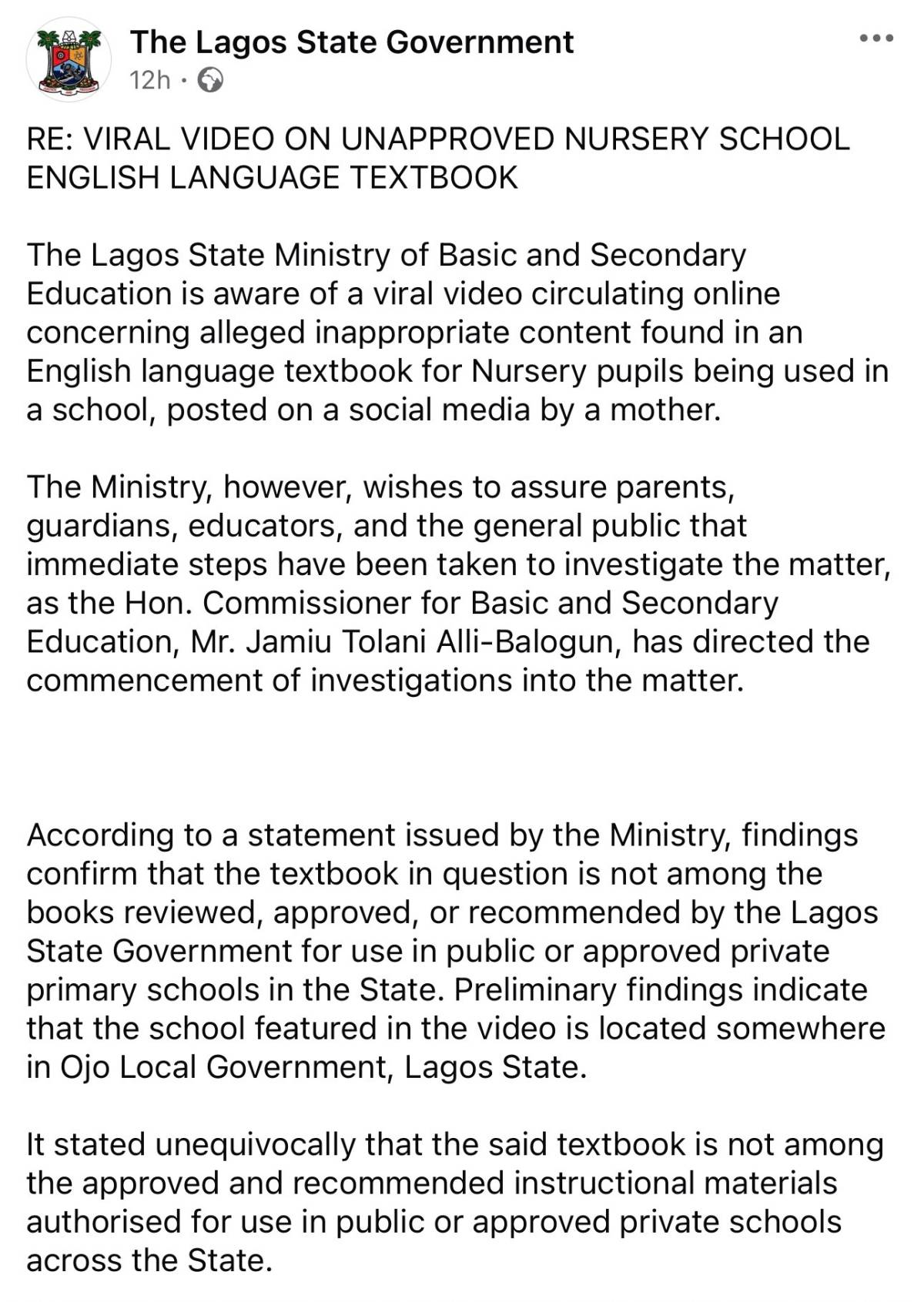 Lagos State Government reacts to viral textbook video, says material is not approved