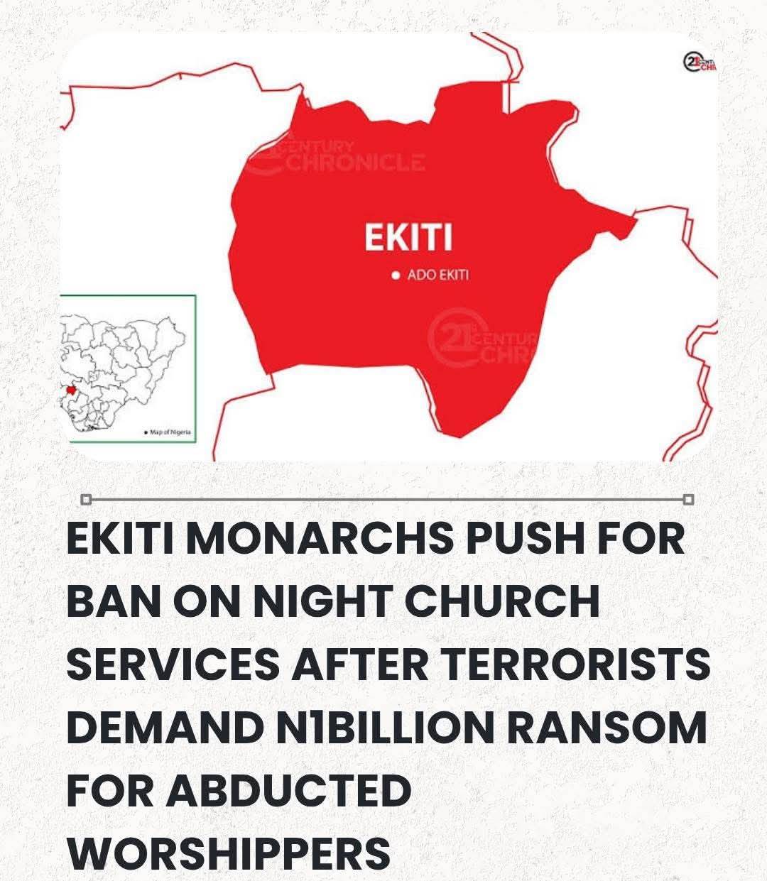 Ekiti Monarchs Push For Ban On Night Church Services After Terrorists Demand N1Billion Ransom For Ab...