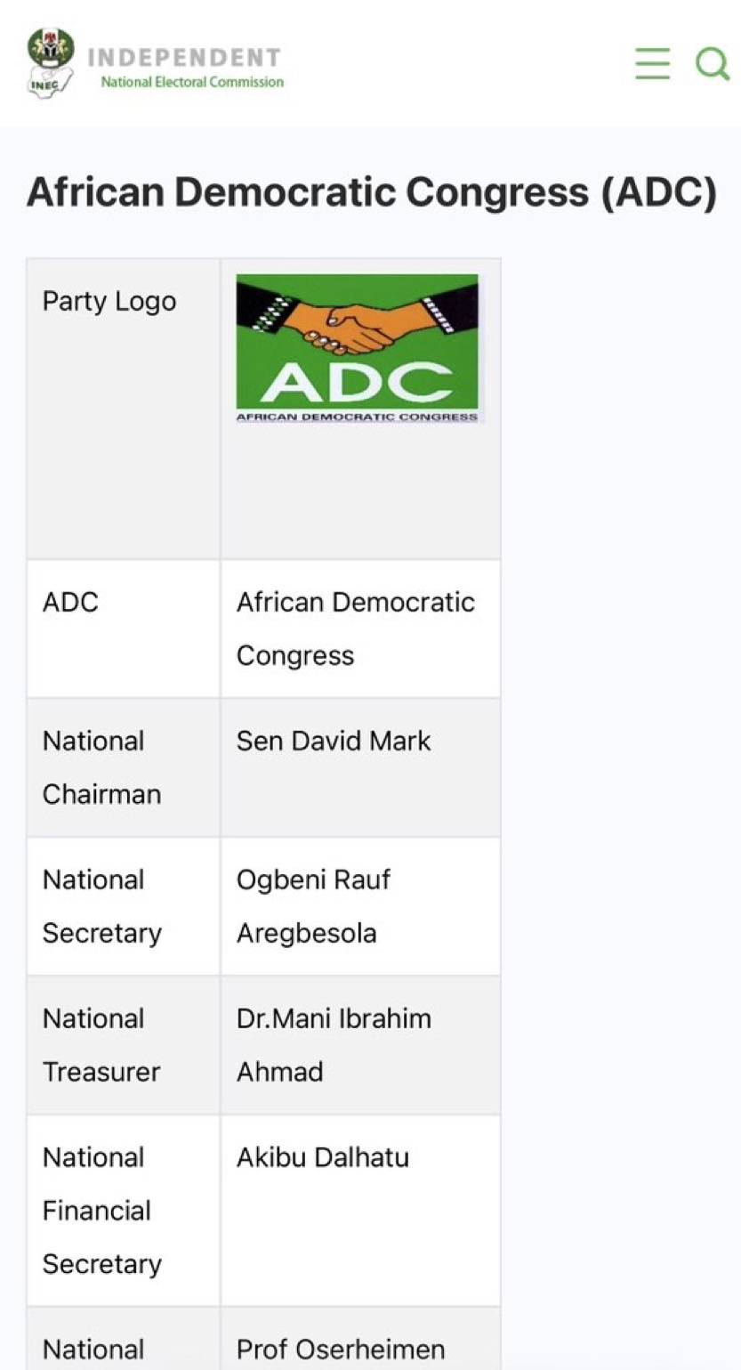 INEC has just updated its official website and recognized the David Mark-led ADC as the official ADC...