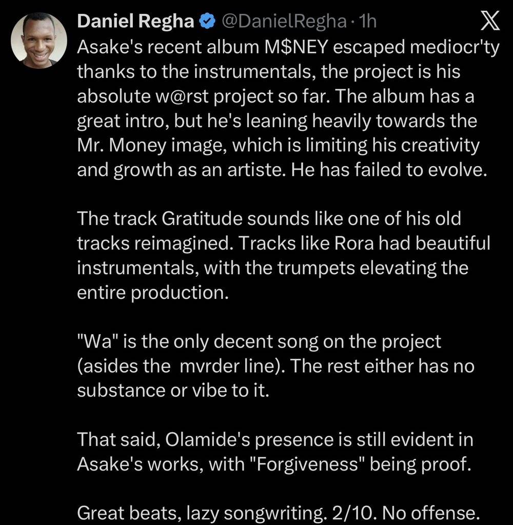 X influencer Daniel Regha Rates Asake’s New Album “Money” 2/10