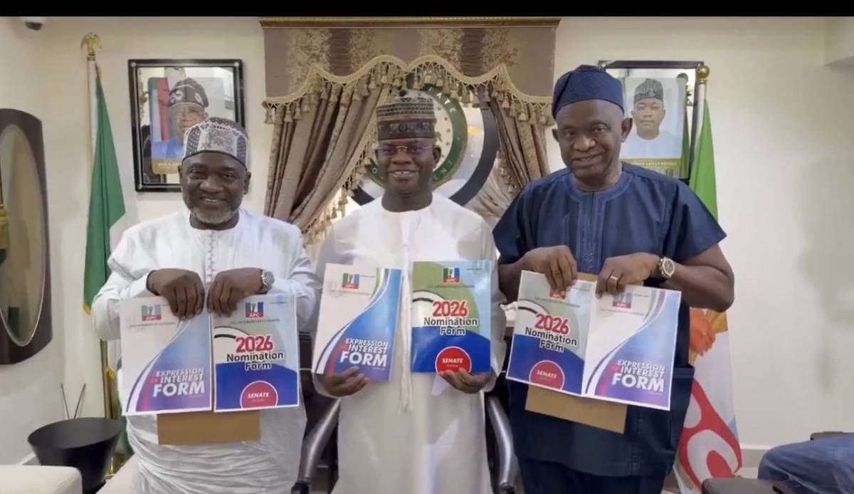 Yahaya Bello receives the APC senatorial nomination forms for the Kogi Central senatorial election.