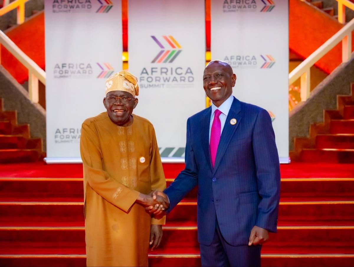 Photo of President Bola Tinubu at the Africa Forward Summit, with the President of Kenya.