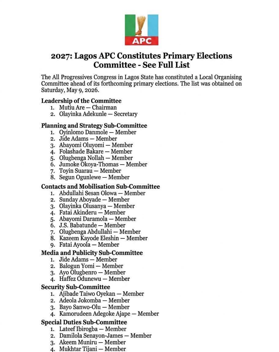 Lagos APC Constitutes Primary Elections Committee