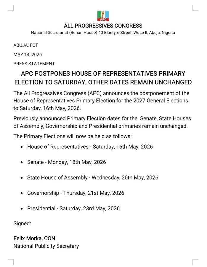 APC PRIMARY ELECTION TIME-TABLE
