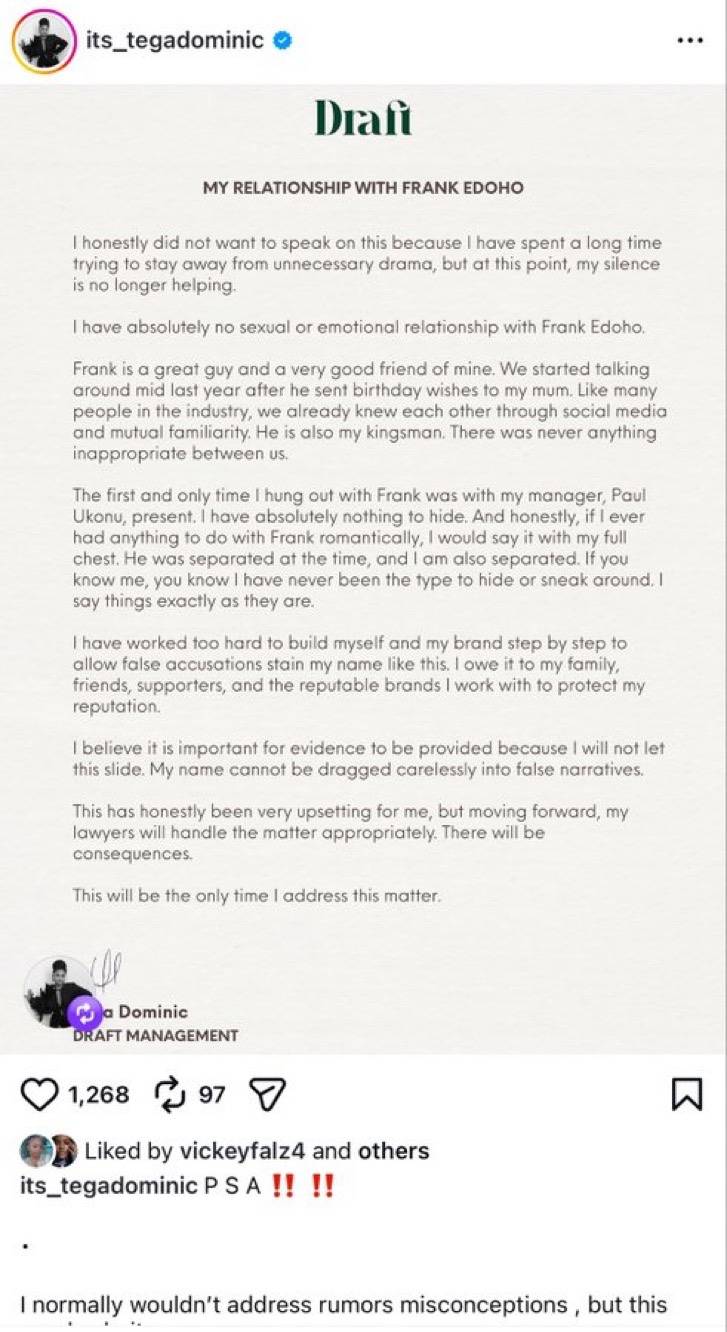 Tega Dominic has released a public statement addressing rumors about her alleged relationship with F...