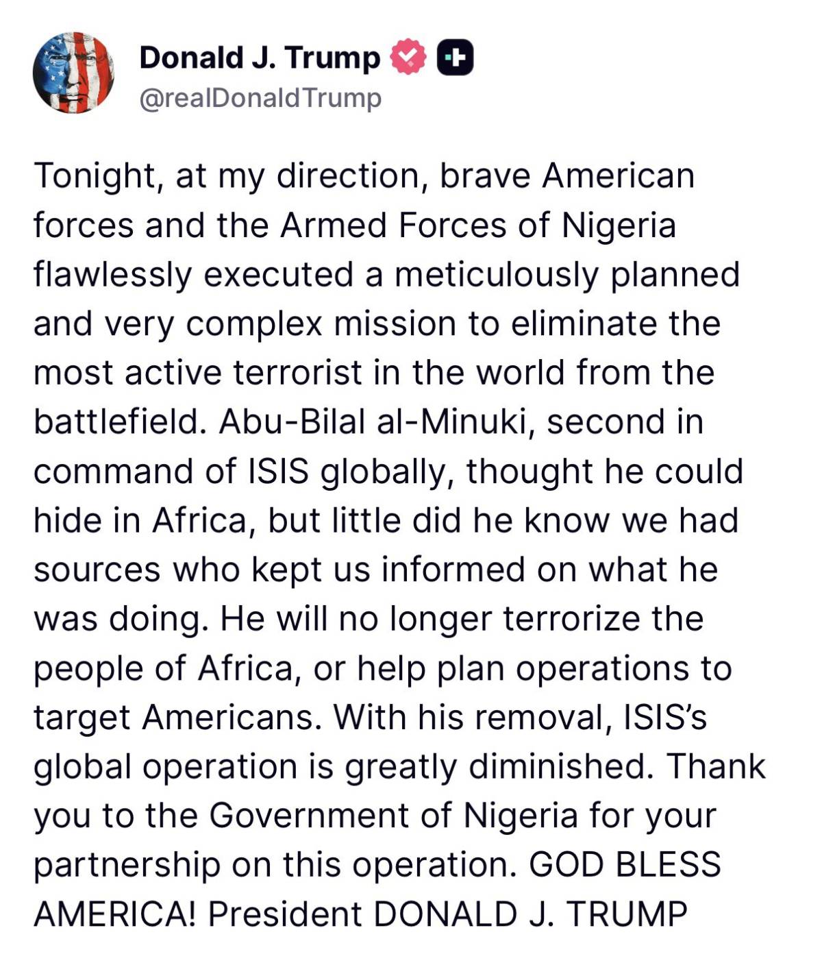 President Bola Tinubu has announced the killing of a senior Islamic State leader, Abu-Bilal Al-Manuk...
