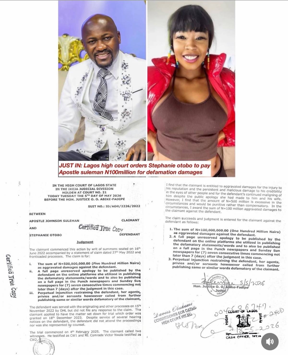A Lagos High Court has reportedly ordered Stephanie Otobo to pay Apostle Suleman N100 million for de...