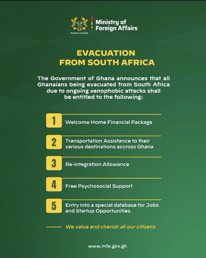 Ghana π¬π Government has announced it will give Ghanaians who will be evacuated from South Africa πΏπ¦...