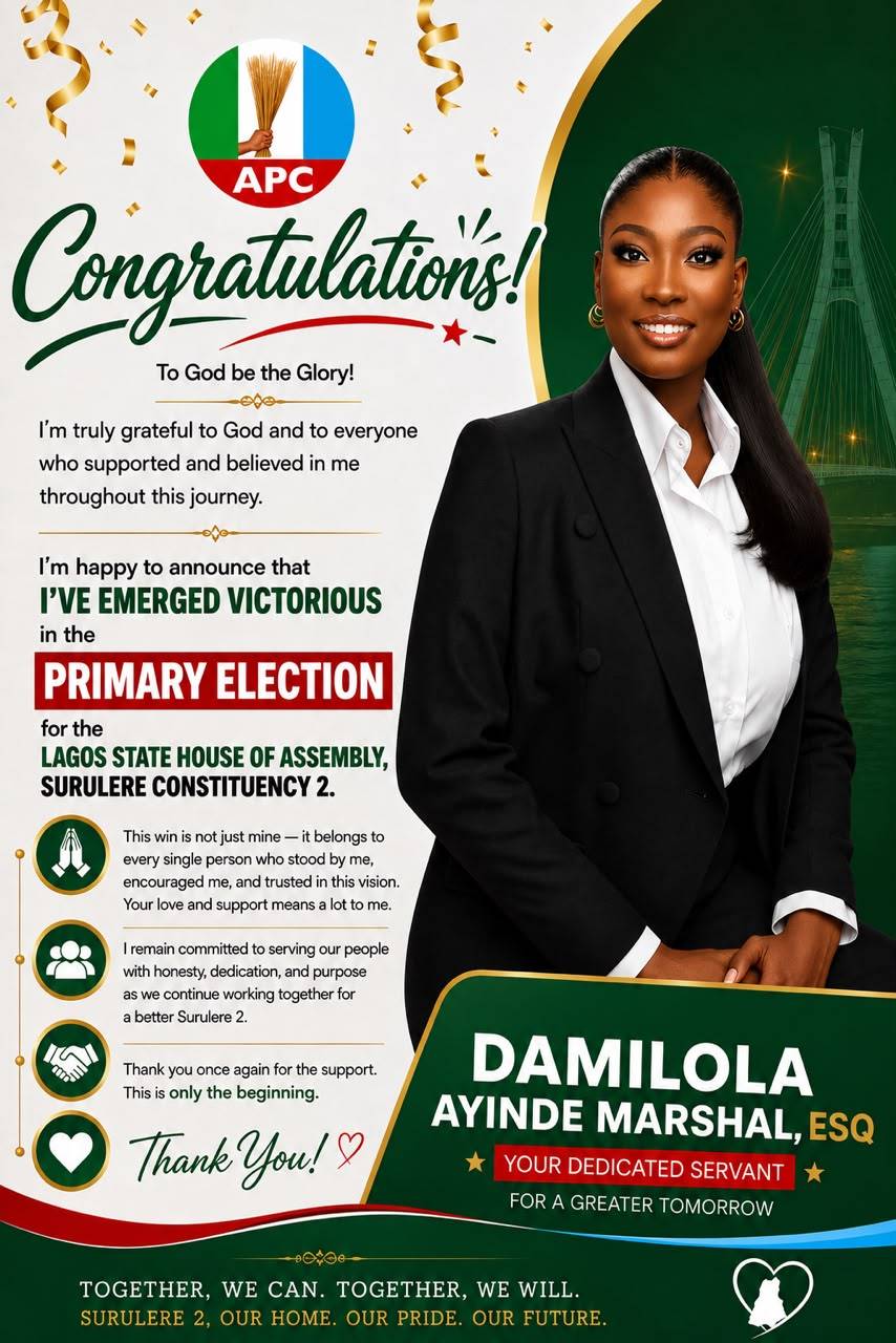 K1 de Ultimate daughter, Damilola Ayinde Marshal has won the APC House of Assembly Primary Election...