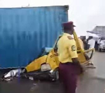 One person injured as 20-ft container fall on commercial bus in Lagos state