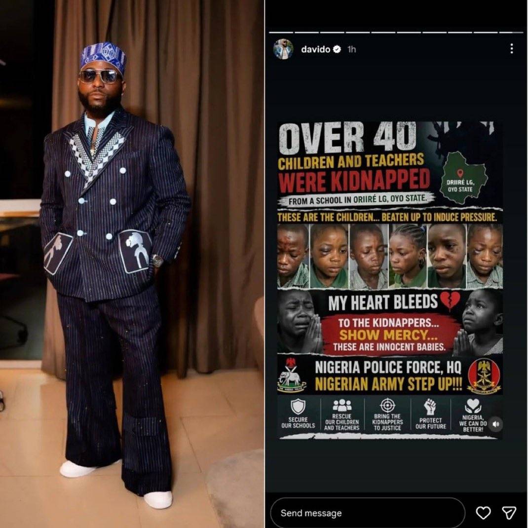 Nigerian singer Davido lends his voice over the kidnapped school children and teachers in Oyo State.