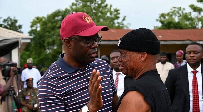 Oyo State Governor, Seyi Makinde, consoling Professor Wole Alamu, husband of the school principal, w...