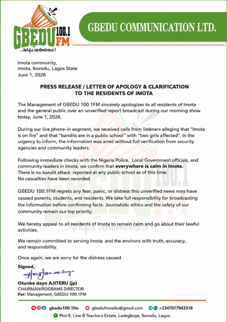 Disclaimer on banditry action at imota