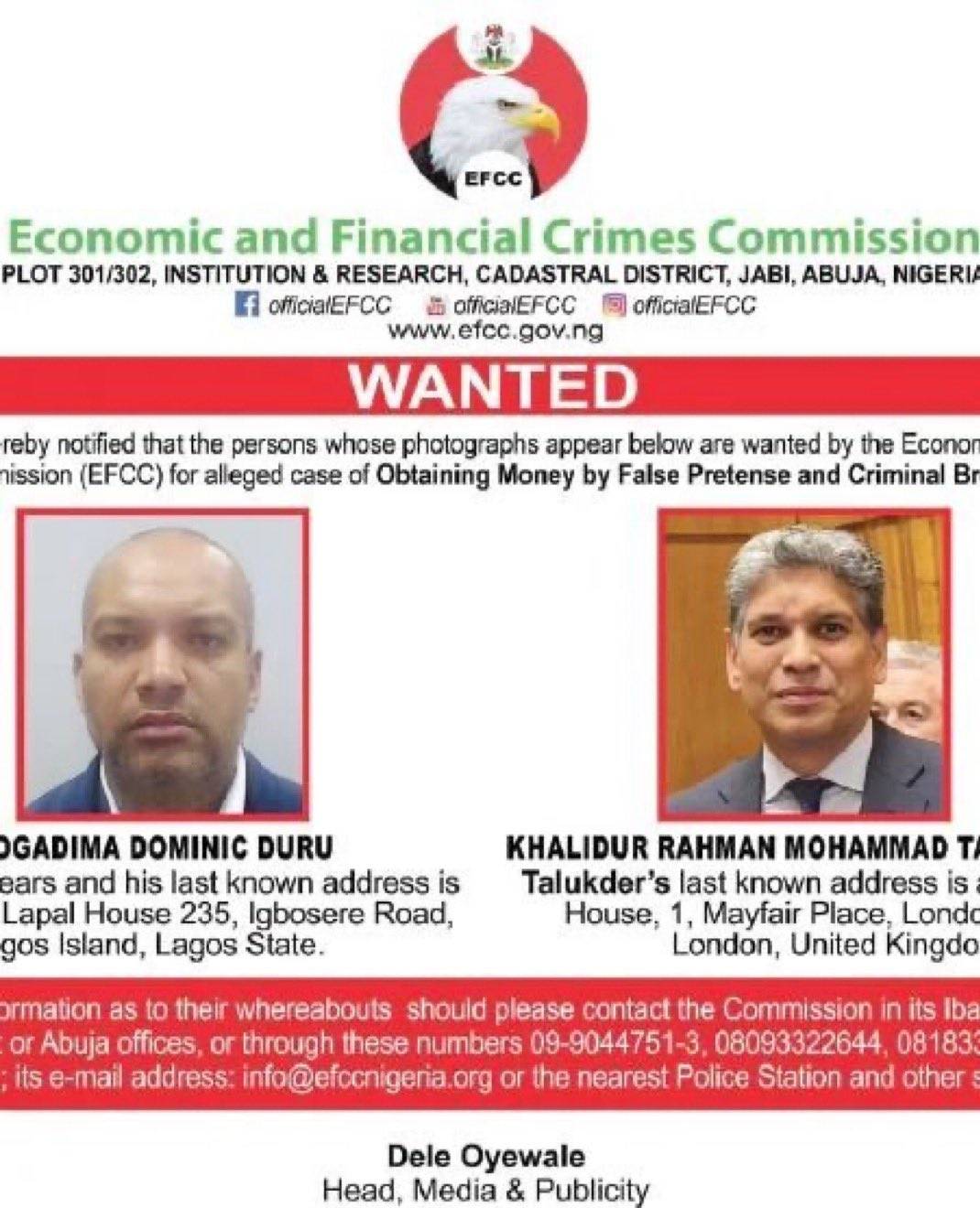 EFCC declares two foreign national wanted over alleged fraud across Nigeria and the UK
