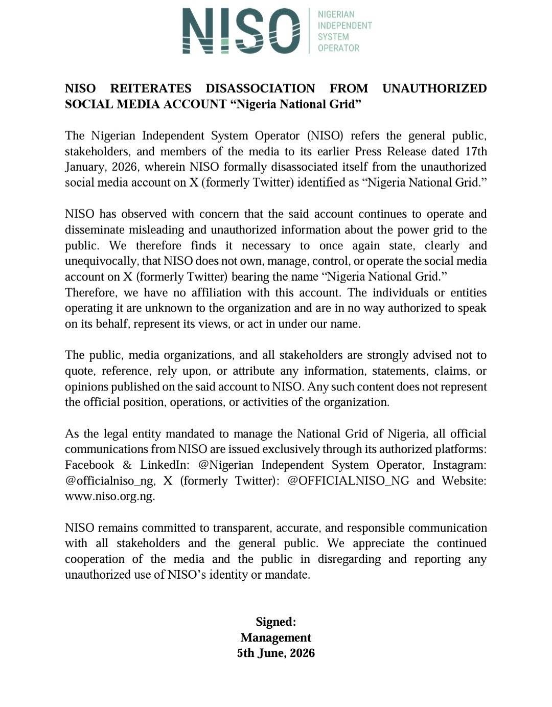 Nigerian Independent System Operator (NISO) Disowns "Nigeria National Grid" X account