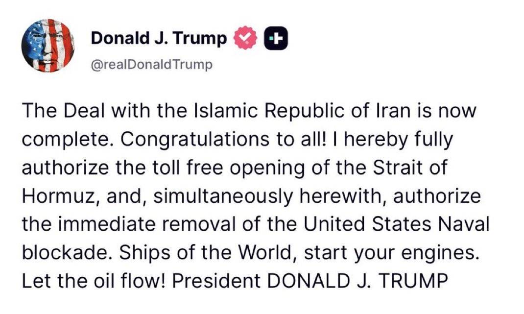 “The Deal with Islamic Republic of Iran is now complete. Congratulations to all!”
~ USA President...