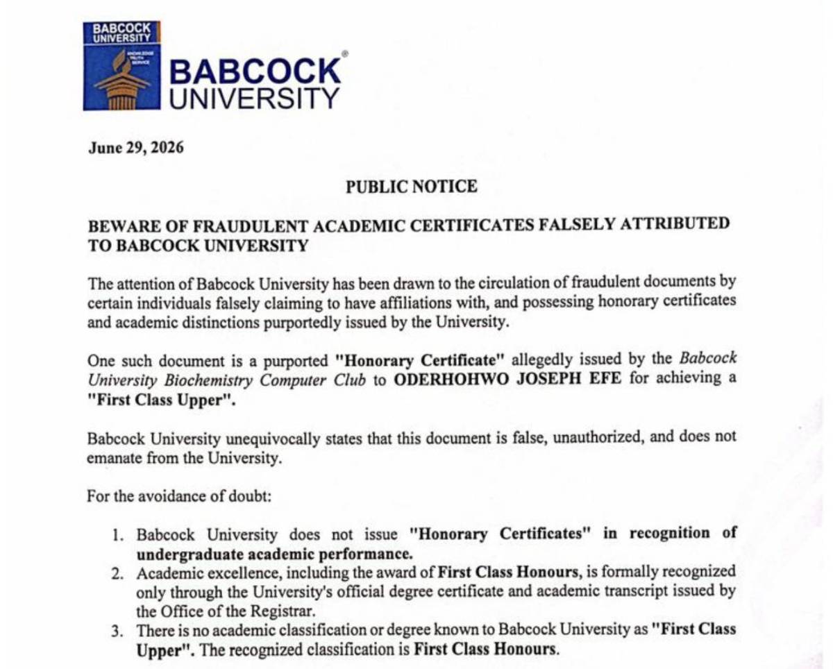 Babcock University disowns fake certificates shared by Carter Efe, announces legal action over forge...