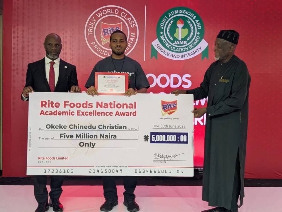 Okeke Chinedu Christian overall best candidate in the 2025 JAMB examination has been awarded the β¦5...