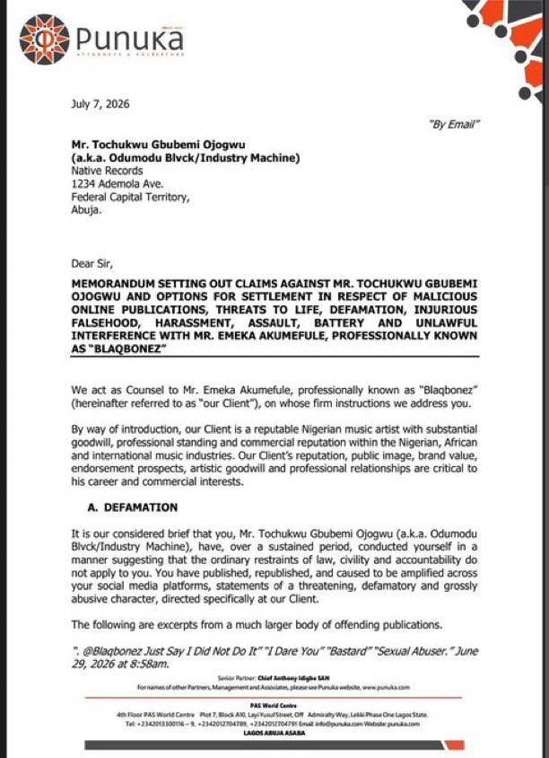 BLAQBONEZ HAS FILED A  ₦2 BILLION DEFAMATION CLAIM AGAINST ODUMODUBLVCK