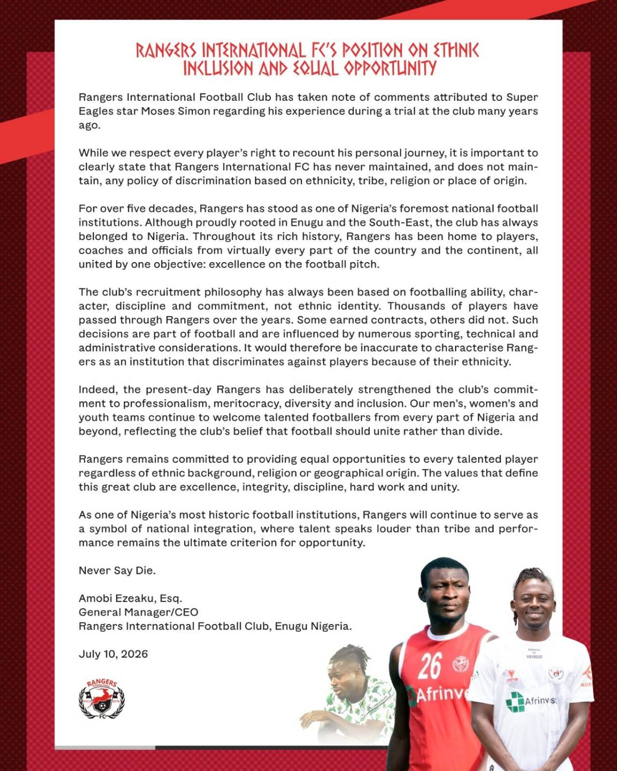Rangers international football clubs responds to comments made by Moses Simon