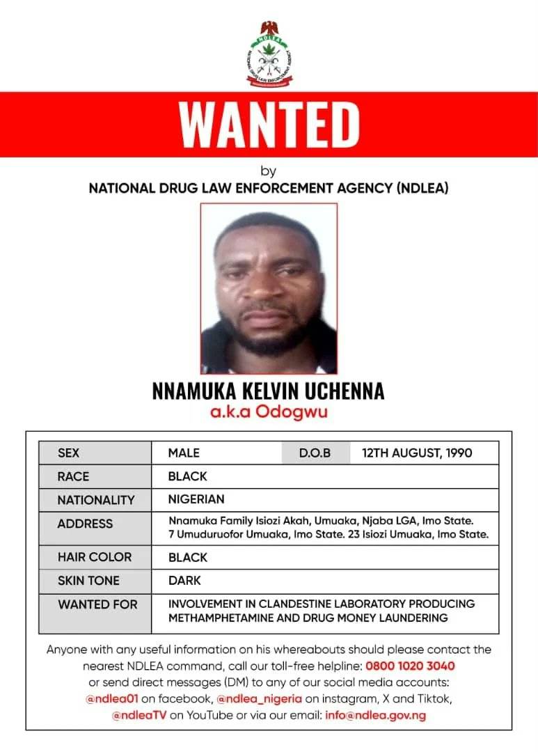 NDLEA has declared a methamphetamine kingpin, Nnamuka Kelvin Uchenna, and three associates wanted fo...